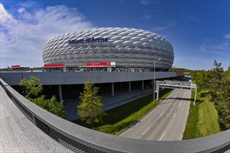 Exterior view Allianz Arena, logo, multi-storey car park, Munich, Bavaria, Germany, Europe