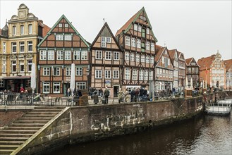 Half-timbered houses and restaurants in the old town, Buxtehude, Altes Land, Lower Saxony, Germany,