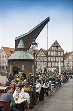 Half-timbered houses and restaurants in the old town, Buxtehude, Altes Land, Lower Saxony, Germany,