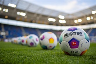 Adidas Derbystar match balls on the pitch, PreZero Arena, Sinsheim, Baden-Wuerttemberg, Germany,