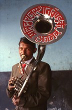 Musician, brass band, tuba, devanagari scripture, Rajasthan, India, Asia