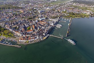 Lake promenade, pier and harbour, departing ferry to Romanshorn, tourism at Lake Constance, aerial