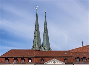 Detail photo, church towers of the Nikolaikirche in the Nikolaiviertel quarter, Berlin, Germany,