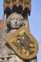 Head, sword and coat of arms of the Bremen Roland in Bremen, Hanseatic city, federal state of
