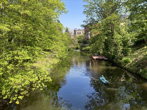 The Oker in the city centre, paddlers, park and villas, Braunschweig, Lower Saxony, Germany, Europe