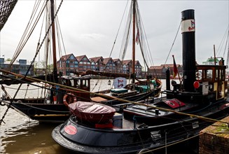 Historic ships in the museum harbour, City of Leer, East Frisia, Lower Saxony, Germany, Europe