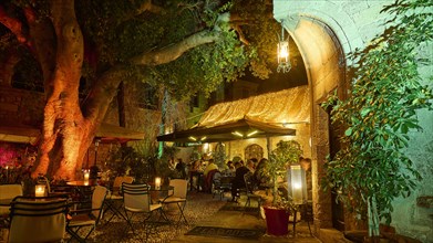 People enjoying the evening in an outdoor restaurant surrounded by trees and lights, night shot,