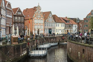 Half-timbered houses and restaurants in the old town, Buxtehude, Altes Land, Lower Saxony, Germany,