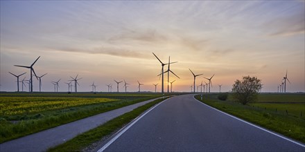 Wind turbines with country road and cycle path in front of setting sun and sunset near Bordelum,