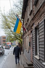 Latvian and Ukrainian flag on a wooden house, Riga, Latvia, Europe