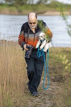 Elderly man carrying Bolonka Zwetna dog over mud, Elbe, Elbtalaue near Bleckede, Lower Saxony,