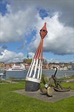 Buoy, propeller, anchor, viewpoint Schleibruecke, harbour, Kappeln, Schlei, Schleswig-Holstein,