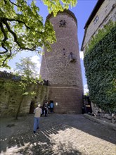 View from castle courtyard to left tower castle tower Rapunzel tower of Trendelburg Castle, right