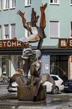 Erostic fountain designed by artist Peter R. Mueller at the harbour market, Kaufbeuern, Allgaeu,