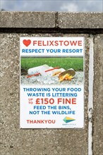 Anti littering information poster, East Suffolk Council, Felixstowe, Suffolk, England, UK