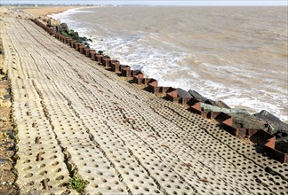 Coastal defences North Sea coast at East Lane, Bawdsey, Suffolk, England, UK sheet piling inclined