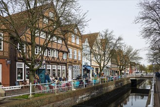 Half-timbered houses and restaurants in the old town, Buxtehude, Altes Land, Lower Saxony, Germany,