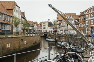 Half-timbered houses and restaurants in the old town, Buxtehude, Altes Land, Lower Saxony, Germany,