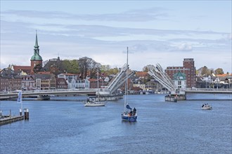 Bascule bridge is opened, Kappeln, Schlei, Schleswig-Holstein, Germany, Europe