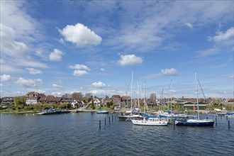 Ferry pier, ferry, marina, Arnis, smallest town in Germany, Schlei, Schleswig-Holstein, Germany,