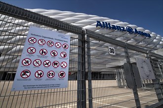 Exterior view Allianz Arena, board, sign, prohibited objects, fence, logo, Munich, Bavaria,