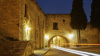 Long exposure shot with light strips on a historic building at night, night shot, Rhodes Old Town,