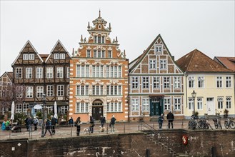 Half-timbered houses and restaurants in the old town, Buxtehude, Altes Land, Lower Saxony, Germany,