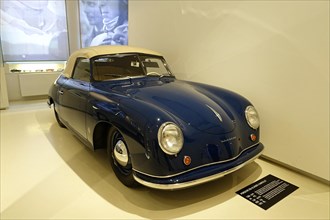 PORSCHE 356 GLASS CABRIOLET, View of a blue-painted coupe of the Porsche 356 type in a car museum,