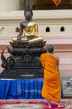 Monk in front of a Buddha statue, Bhumispara-mudra, Buddha Gautama at the moment of enlightenment,