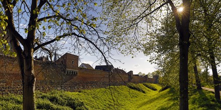 Town wall with moat in Zons, Dormagen, Lower Rhine, North Rhine-Westphalia, Germany, Europe