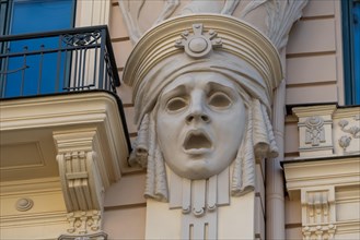 Demonic Art Nouveau facade at Alberta iela 13 in Riga, designed by Michael Eisenstein, a UNESCO