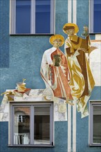 Wall painting, fresco on the facade of a pharmacy, two saints of the healing arts, Kaufbeuern,