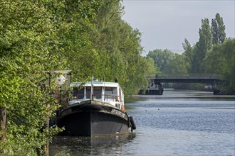 Boat, trees, bridge, Veringkanal, Wilhelmsburg, Hamburg, Germany, Europe