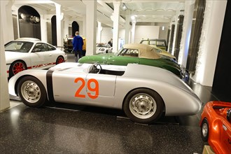 Retro racing car in white and green with the number 29 in a showroom, AUTOMUSEUM PROTOTYP, Hamburg,