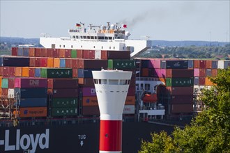 Container ship of the Hapag Lloyd shipping company and lighthouse on the Elbe, Blankenese district,