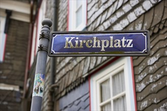 Street sign Kirchplatz in the old town centre of Hattingen, Ennepe-Ruhr district, North