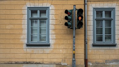 Traffic lights on a house facade, Thuringia, Germany, Europe