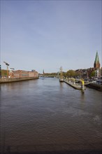 Weser with Martinianleger, Teerhof, Weser Promenade and St. Martini Church in Bremen, Hanseatic