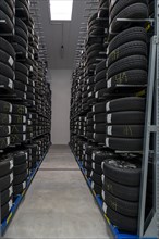 Modern tyre warehouse, storage of customer tyres, Bavaria, Germany, Europe