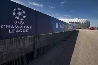Exterior view of Allianz Arena, logo, Champions League, Road to London 2024, Munich, Bavaria,