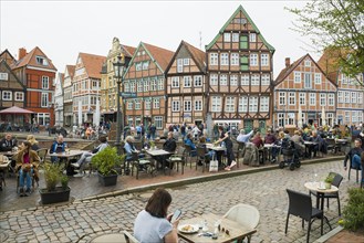 Half-timbered houses and restaurants in the old town, Buxtehude, Altes Land, Lower Saxony, Germany,