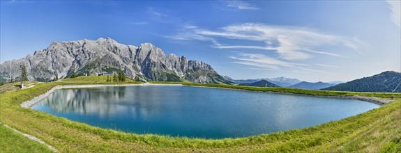Reservoir with Hochkoenig mountains, blue sky, Dienten, Pongau, Salzburg, Austria, Europe