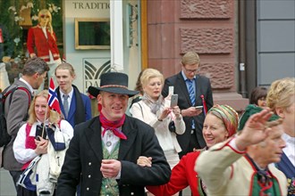 People in traditional costumes dancing in the streets, folklore, bank holidays 17 May, Oslo,