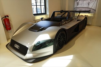 AUDI R8R LMP prototype, Silver Audi Sport racing car on display in a museum, AUTOMUSEUM PROTOTYP,