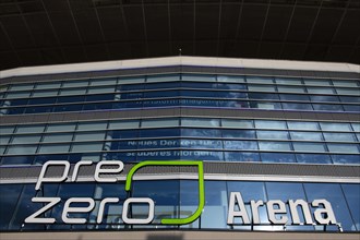 Exterior view, front, glass facade, logo, PreZero Arena, Sinsheim, Baden-Wuerttemberg, Germany,