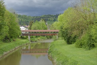 Kocher bridge in Gaildorf, Kocher valley, church, Limpurger Land, Schwaebisch-Franconian Forest