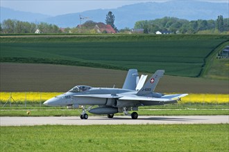 FA 18C Hornet multi-role fighter aircraft of the Swiss Air Force with air brake deployed during