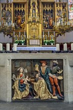 Main altar with half relief of Mary, Infant Jesus, Three Kings, St Martin's Church, Kaufbeuern,