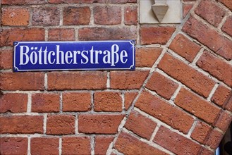Street sign Boettcherstrasse on a brick facade in Bremen, Hanseatic city, federal state of Bremen,