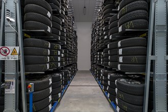 Modern tyre warehouse, storage of customer tyres, Bavaria, Germany, Europe